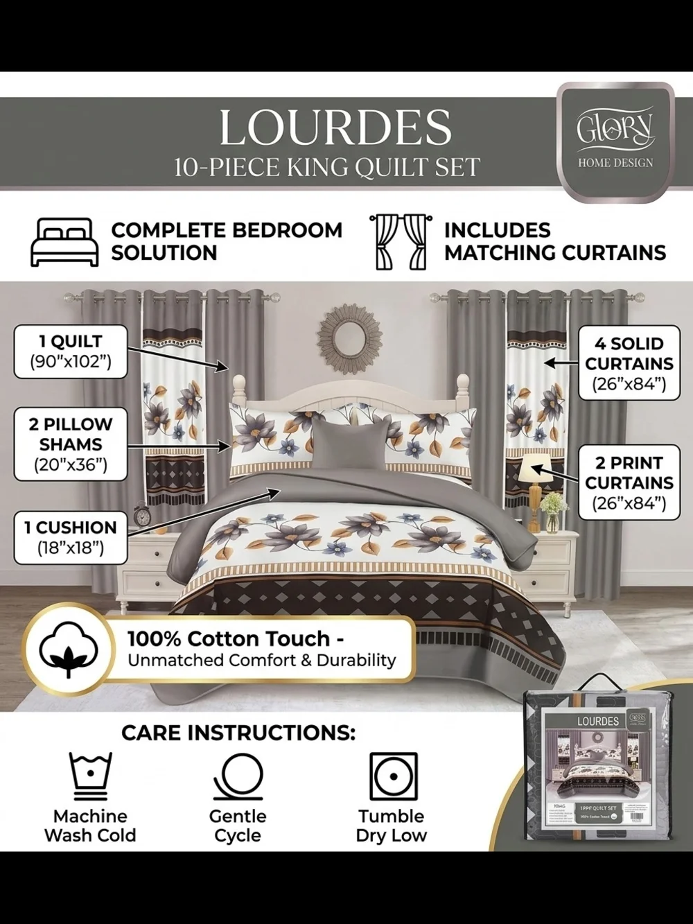 Lourdes King 10pc Quilt Set - Floral